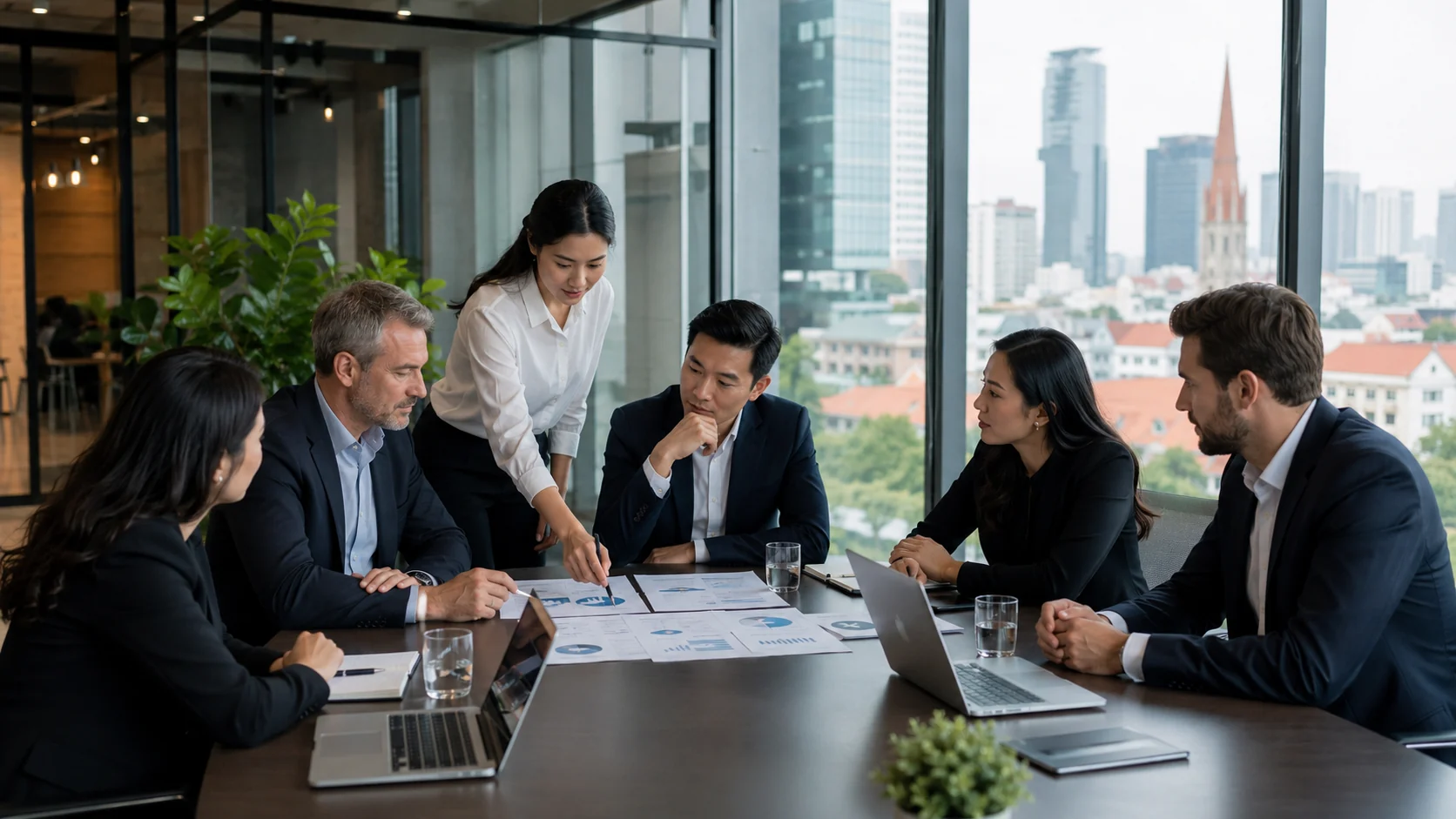 International business team discussing market development